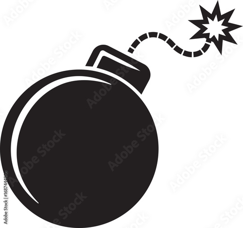 Classic round black bomb with burning fuse icon, isolated on transparent background, representing danger and explosion. Perfect for danger and security-related designs. Vector illustration.