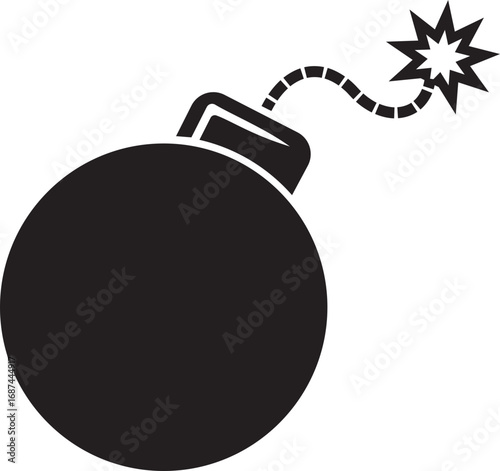 Classic round black bomb with burning fuse icon, isolated on transparent background, representing danger and explosion. Perfect for danger and security-related designs. Vector illustration.