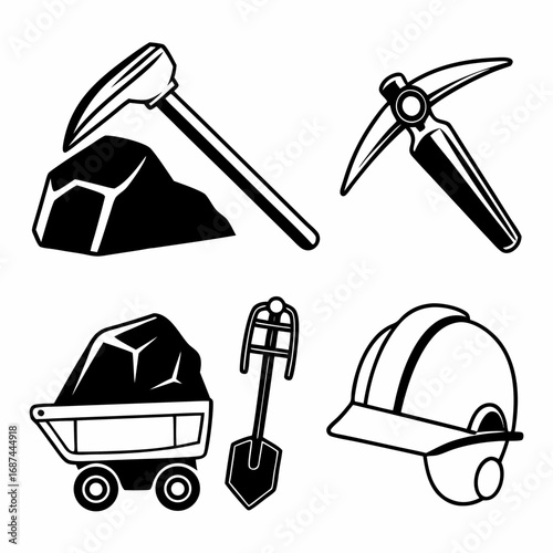 Mining tools and equipment icons set for industrial design