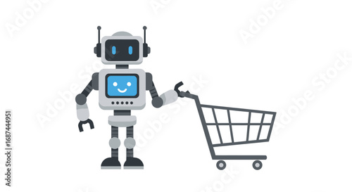 Friendly Shopping Robot with Cart, E-commerce Automation.