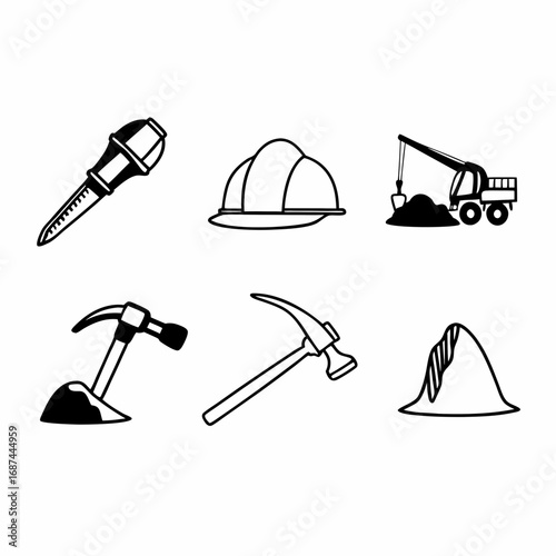 Mining tools and equipment icons set for industrial design