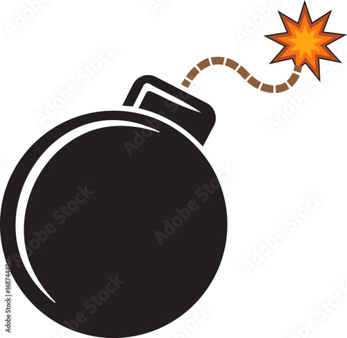 Classic round black bomb with burning fuse icon, isolated on transparent background, representing danger and explosion. Perfect for danger and security-related designs. Vector illustration.