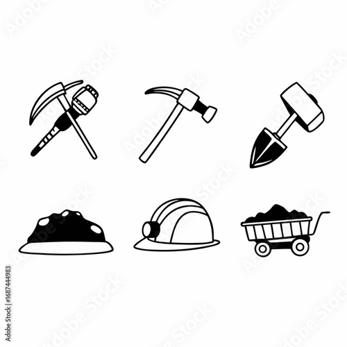 Mining tools and equipment in black and white simple style