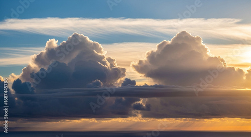 Golden sunlight illuminating towering cumulus clouds at sunrise with warm glow, dramatic contrasts, cirrus streaks, and shimmering ocean reflection below
