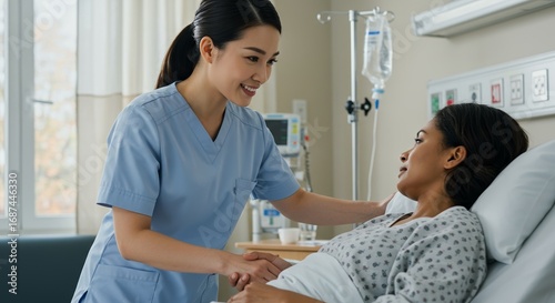 A caring medical professional comforts a patient, offering support and empathy. The hospital environment is visible, highlighting the dedication to healthcare.