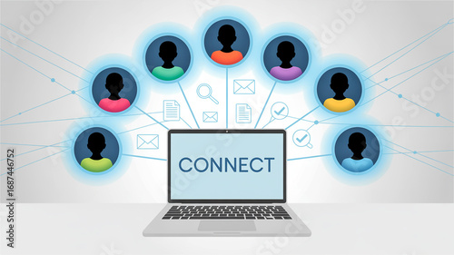 Laptop with CONECT Text Surrounded by Silhouetted People Icons computer connect