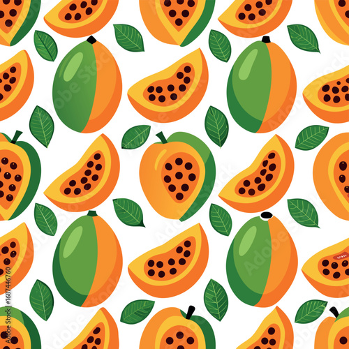 Vector vector art of stylized seamless pattern of papaya halves and slices with green leaves on a transparent background