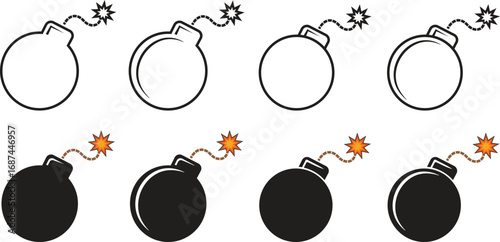 Classic round black bomb with burning fuse icon set, isolated on transparent background, representing danger and explosion. Perfect for danger and security-related designs. Vector illustration.