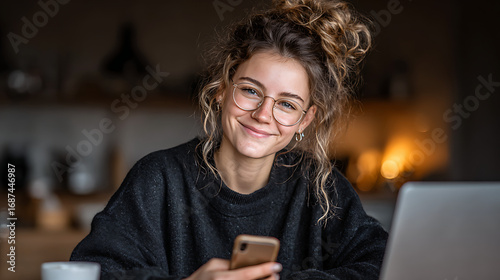 a woman multitasks happily using phone and laptop simultaneously professional office digital technology business productivity career remote work online communication modern