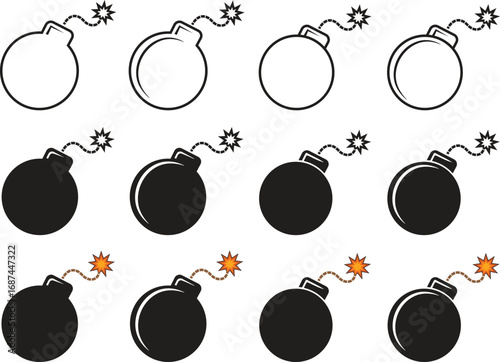 Classic round black bomb with burning fuse icon set, isolated on transparent background, representing danger and explosion. Perfect for danger and security-related designs. Vector illustration.