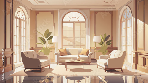 Luxury modern living room and dining room with a fireplace, comfortable furniture, and wooden floors