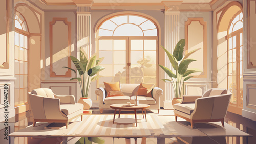 The luxurious interior of a modern living room features contemporary wooden furniture and a large window with beautiful natural light