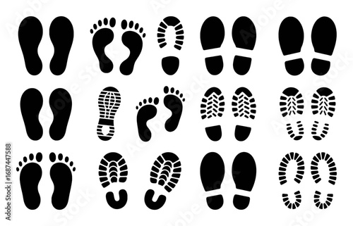 Collection of Black Footprints and Shoe Prints on White Background