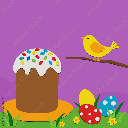 Colorful Easter cake with decorated eggs and yellow bird on branch  