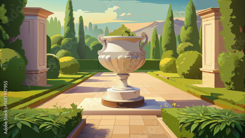 A glass of wine on a table in a garden with a pot of flowers and plants