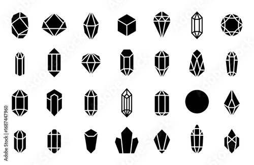 Collection of Black Gemstone and Crystal Icons on White Background