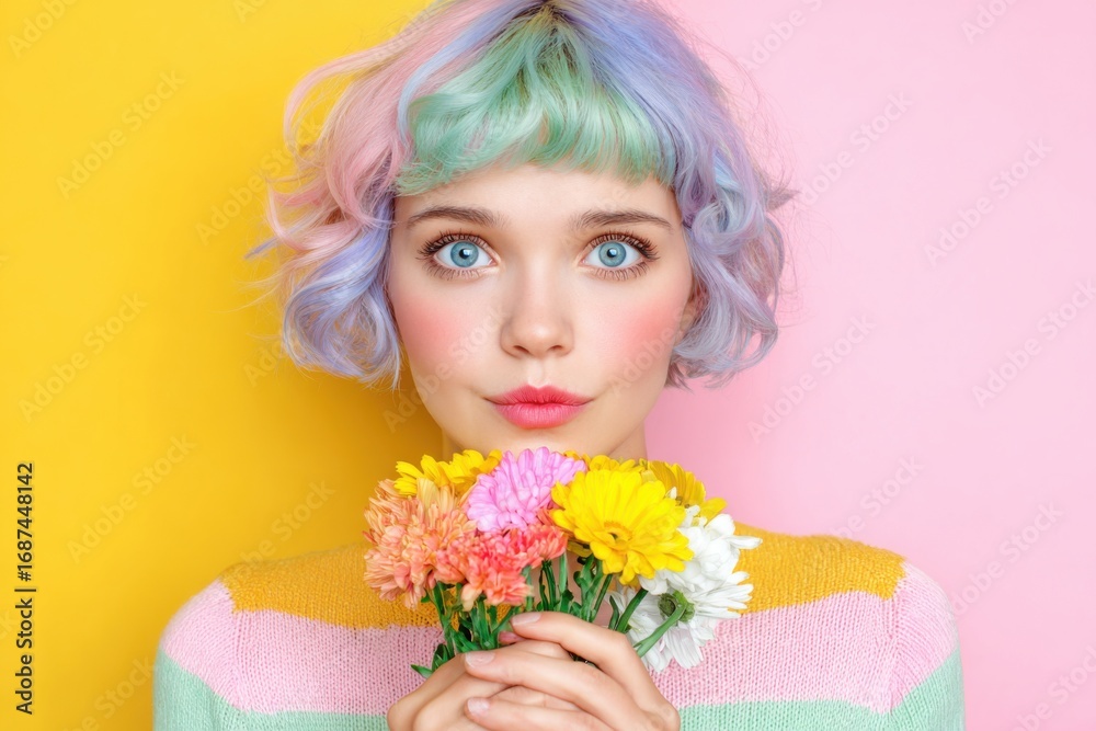Fototapeta premium Vibrant Fashion Portrait with Colorful Flowers