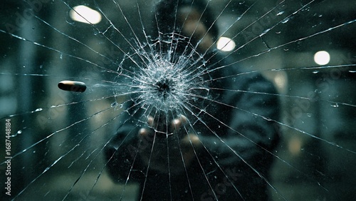 Dramatic scene showing a bullet impacting shattered glass, creating a web of cracks. The background is blurred, highlighting the intense action and suspenseful atmosphere