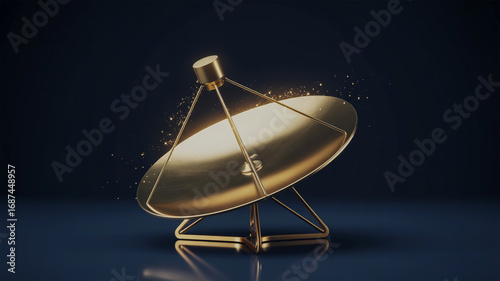 A photorealistic image of a satellite dish on a dark navy blue background
