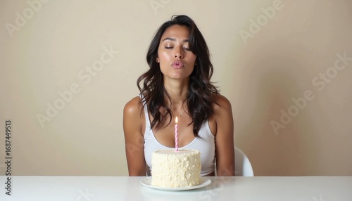 Young woman blowing out candle on birthday cake at table indoors  