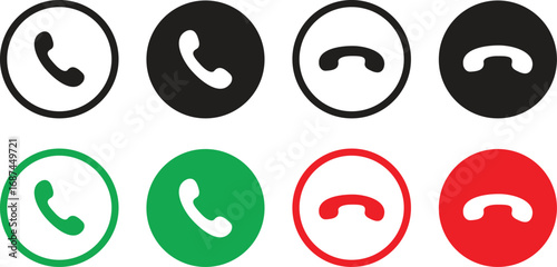 Phone call buttons icon set. Accept call and decline handset button collection. Phone dial symbols isolated on transparent background. Vector illustration.