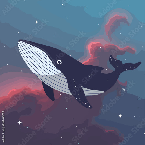 A majestic whale gracefully swims through a vibrant, colorful nebula in the vast expanse of space.