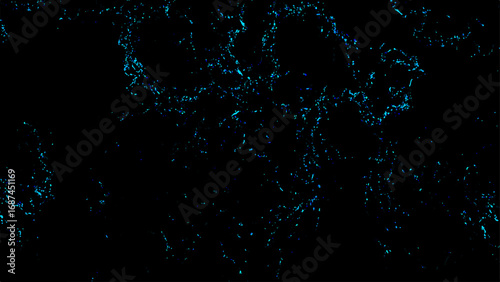 Abstract dark background with glowing neon blue fractal texture. Fine, scattered organic lines and subtle patterns. Bioluminescence, or microscopic structures, creating a futuristic, high-tech