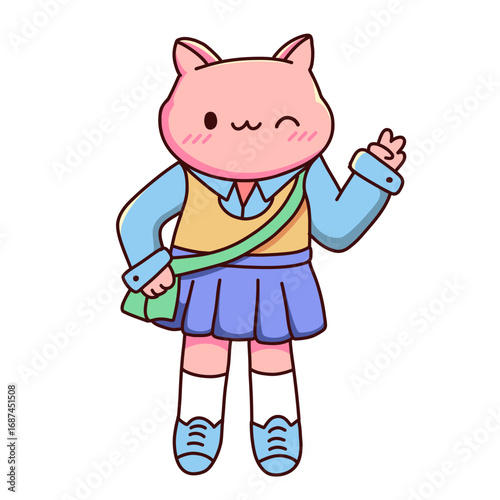 Cute pink cat girl character wearing a school uniform with vest, skirt and shoulder bag, winking and waving.
