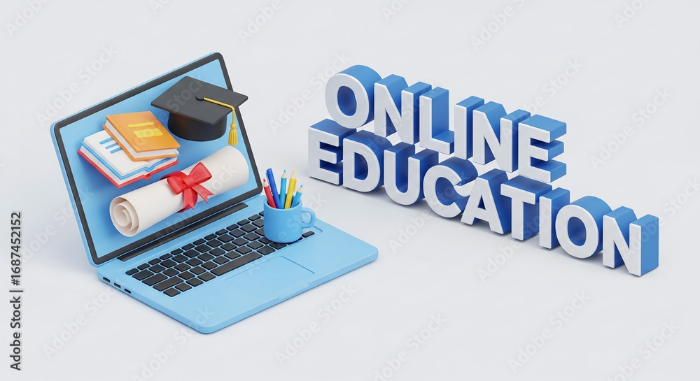 Naklejka premium Online Education Concept with Graduation Cap Books and Diploma on Laptop Screen Modern Learning and Elearning for Students Studying from Home or Distance