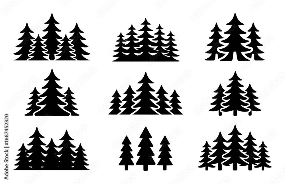 Obraz premium Collection of Black Silhouette Christmas Tree Clusters on White Background