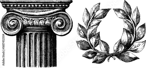 Vintage corinthian architecture elements and laurel wreath engraving for design and decoration