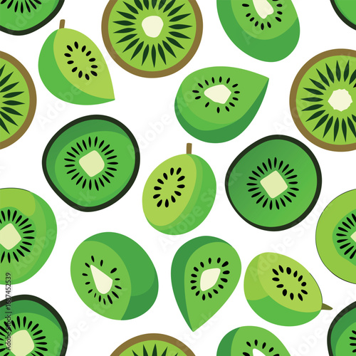 Vector vector art of vibrant seamless pattern of fresh kiwi fruit slices and halves transparent background
