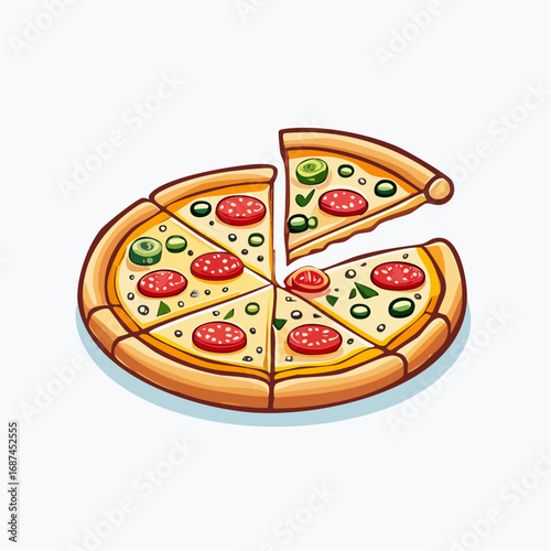 Appetizing cartoon pizza illustration with pepperoni and jalapeno toppings, with one slice separated from the whole pie