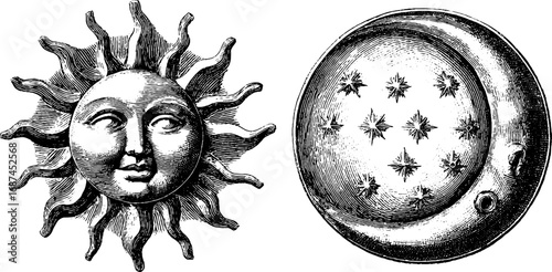 Vintage astrology sun and moon engraved illustration set for celestial design