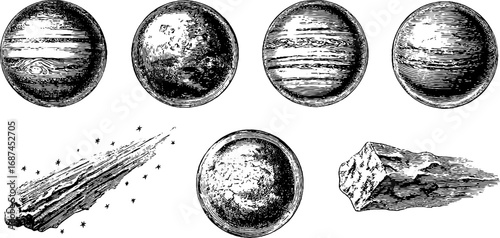 Vintage astrology stellar illustration set featuring planets and celestial objects