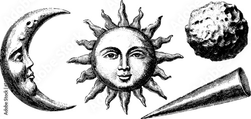 Vintage celestial bodies collection: engraved moon, sun, comet, and meteor silhouettes for design