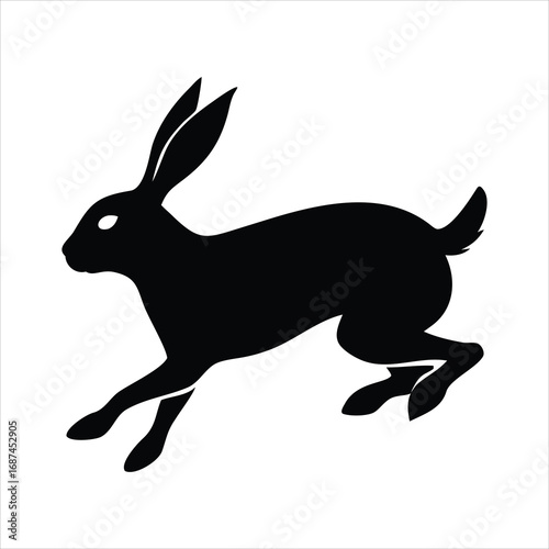 Black silhouette of a running rabbit or hare on a white background