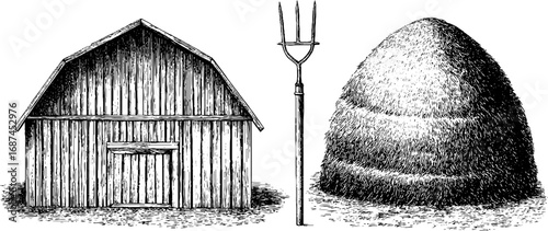 Rustic wooden barn with haystack and pitchfork - engraved retro farmhouse collection