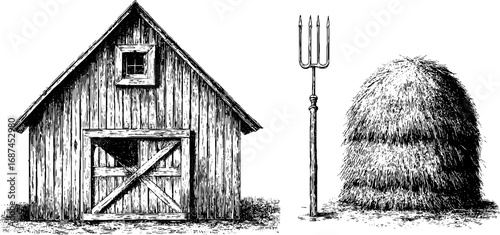 Rustic barn and farm tools engraving set for vintage design and decor