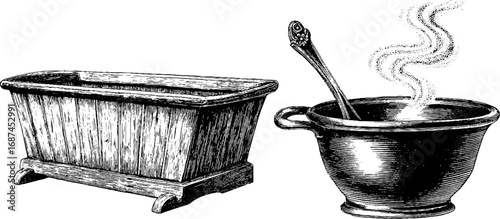Rustic bathhouse collection with wooden tub and steaming vessel - vintage engraving for spa design