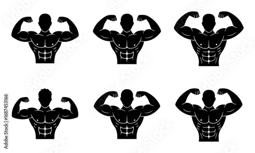 Collection of Black Silhouettes of Muscular Bodybuilders Flexing Biceps