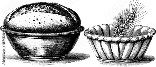 Vintage hand-drawn bread baking engraving set featuring sourdough and wheat elements for kitchen decor