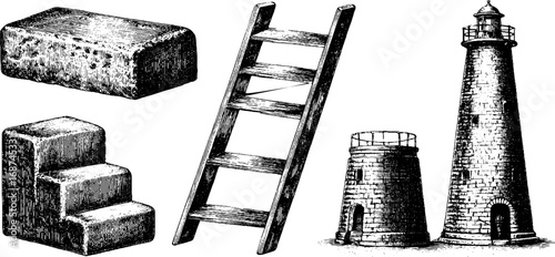 Brutalism architecture engraved illustration set featuring concrete blocks and lighthouse design