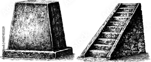 Brutalism engraved illustration set featuring concrete structures for design and decoration