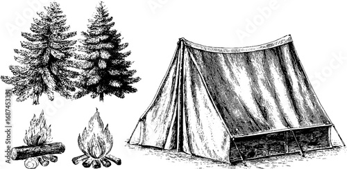 Camping adventure collection with tent and trees engraving - vintage design for outdoor enthusiasts