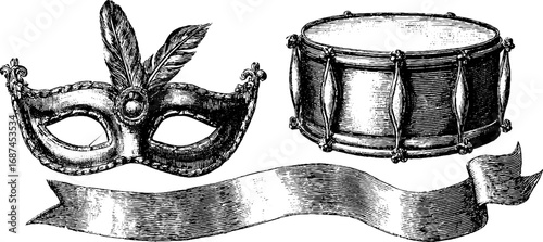 Carnival celebration engraved set featuring feathered mask drum and ribbon design