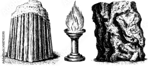 Engraved collection of cave elements featuring stalactite and torch design for art and decoration