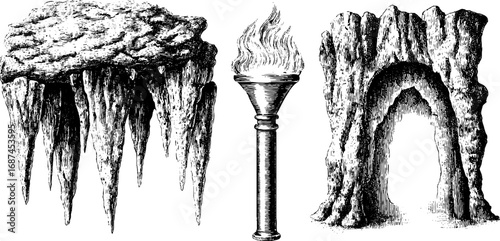 Vintage cave exploration illustration set featuring stalactites and flaming torch design for posters or cards