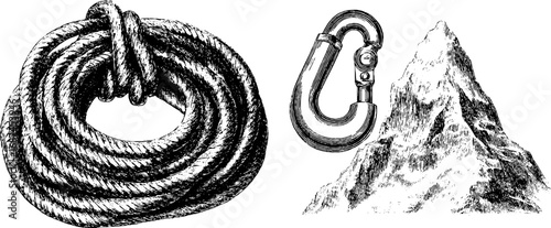 Climbing equipment illustration set: rope coil, carabiner, and mountain sketch