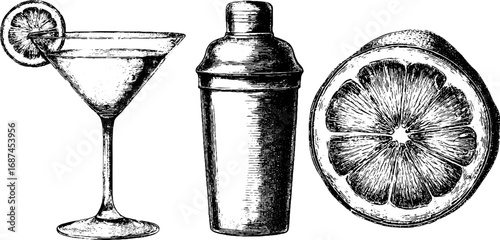 Vintage cocktail engraving collection featuring martini glass and shaker
